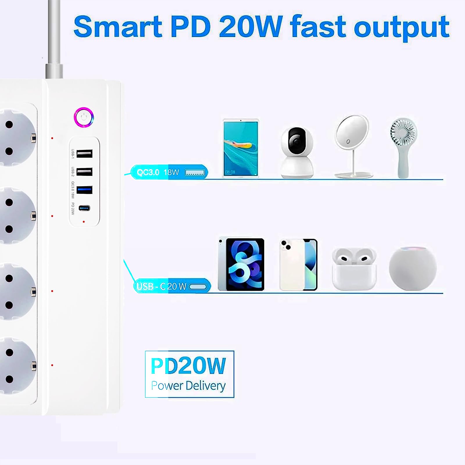 UseeLink Smart - Regleta con 4 enchufes de 16 A, 3 puertos USB y 1 conector tipo C, enchufe múltiple conmutable individualmente, compatible con Alexa, Google Assistant, Smart Life, Tuya acceso remoto