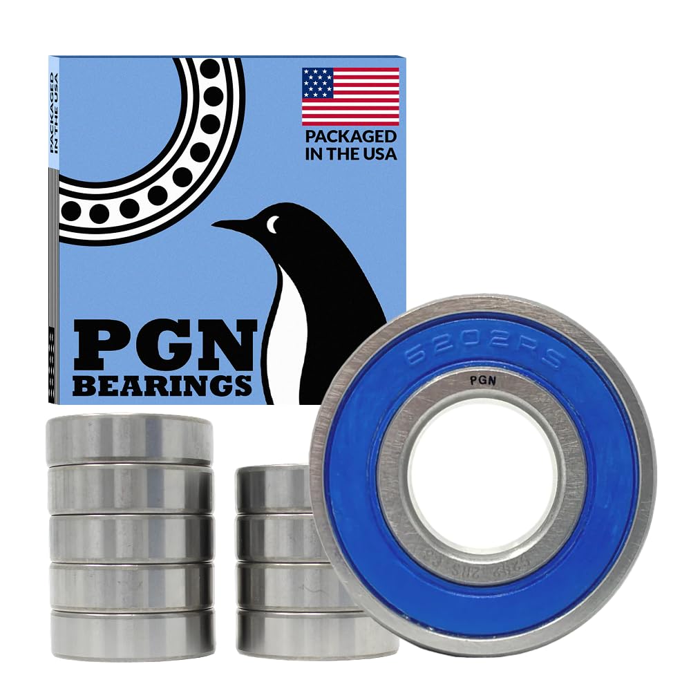 PGN (10 Pack) 6202-2RS Bearing - Lubricated Chrome Steel Sealed Ball Bearing - 15x35x11mm Bearings with Rubber Seal & High RPM Support