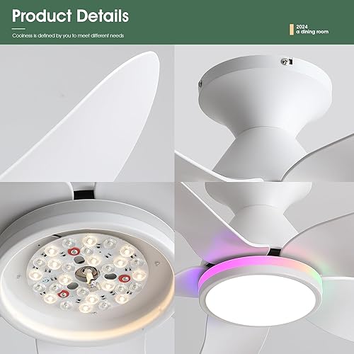 Miniatura 8 de Ceiling Fans with Lights Remote/APP Control, 38" Low Profile Ceiling Fans with Dimmable White Colors+Ring RGB Lights, 6 Speeds 5 Reversible Blades
