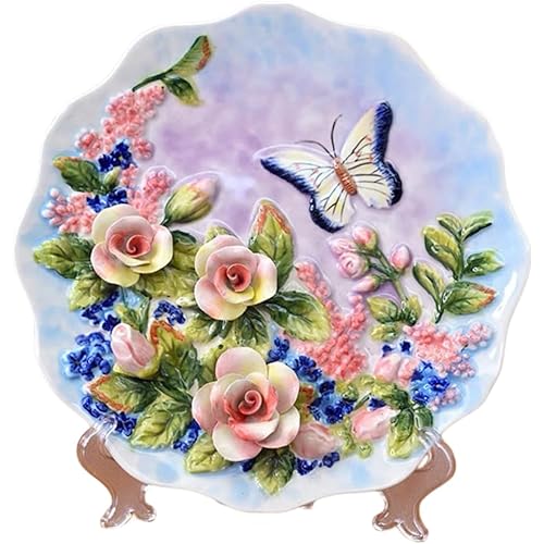 FORLONG Ceramic 8" Collections Plate, 3D Hand Painted Flower and Butterfly Decorative Hanging Tray with Display Stand - Champagne Rose