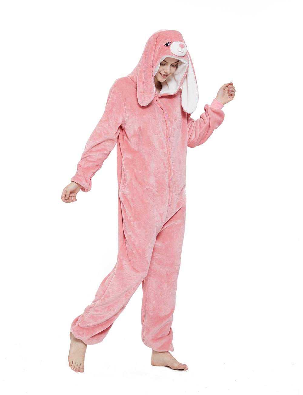 ABENCA Pijama enterizo de unicornio de forro polar para mujer, disfraz de una pieza para adultos, diseño de animales de dibujos animados, Navidad, Halloween, cosplay, Conejito rosado, S