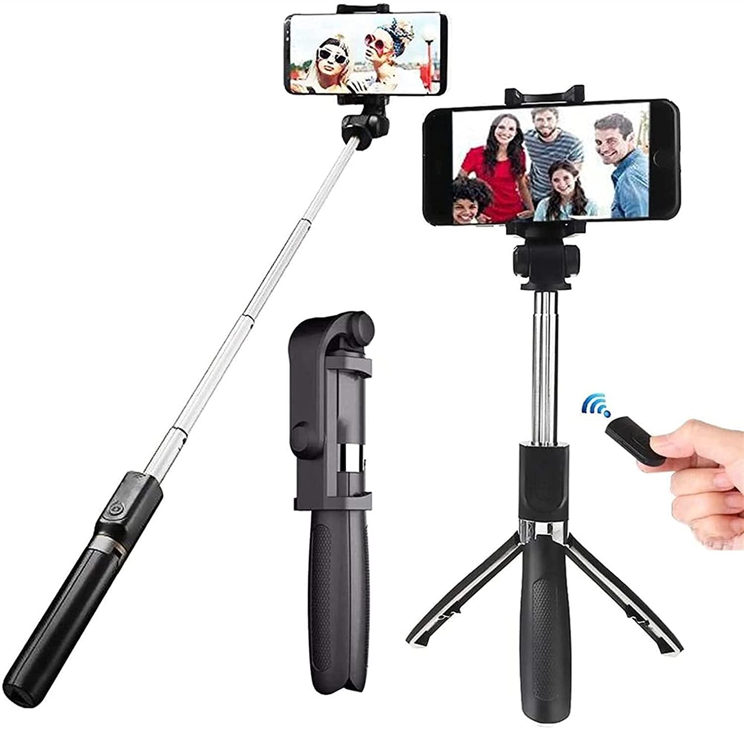 Affidabile Universale 3 in 1 Senza Fili Bluetooth Selfie Stick Allungabile Monopiede Pieghevole Treppiede Con Telecomando Supporto Telefono (Colore: Nero)