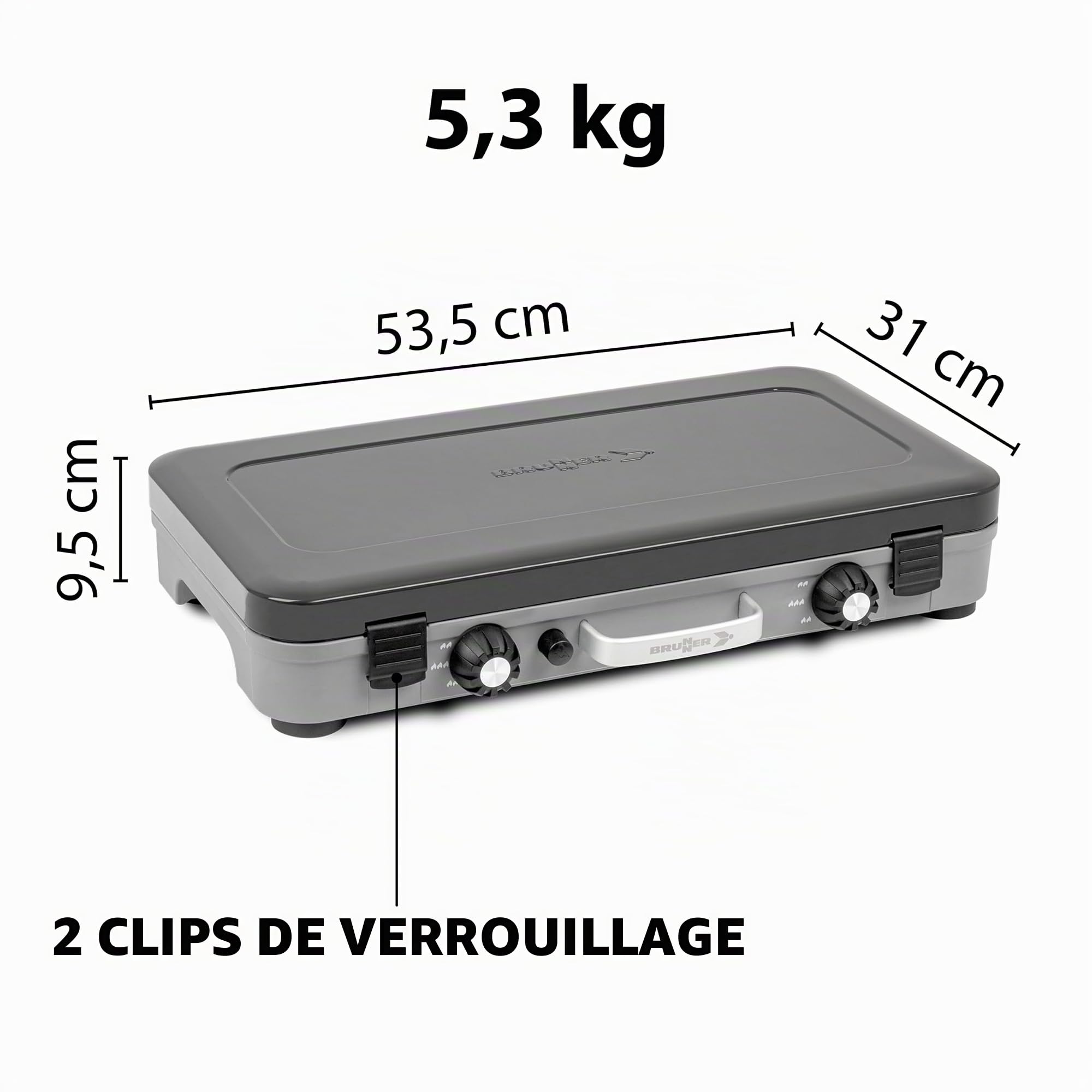 Brunner Cuisinière à gaz DEVIL KOOKMASTER GP - Double brûleur de 2,4 kW, allumage piézoélectrique, couvercle et poignée de transport, avec plaque lisse/rayée, 30mbar - Parfait pour la cuisine