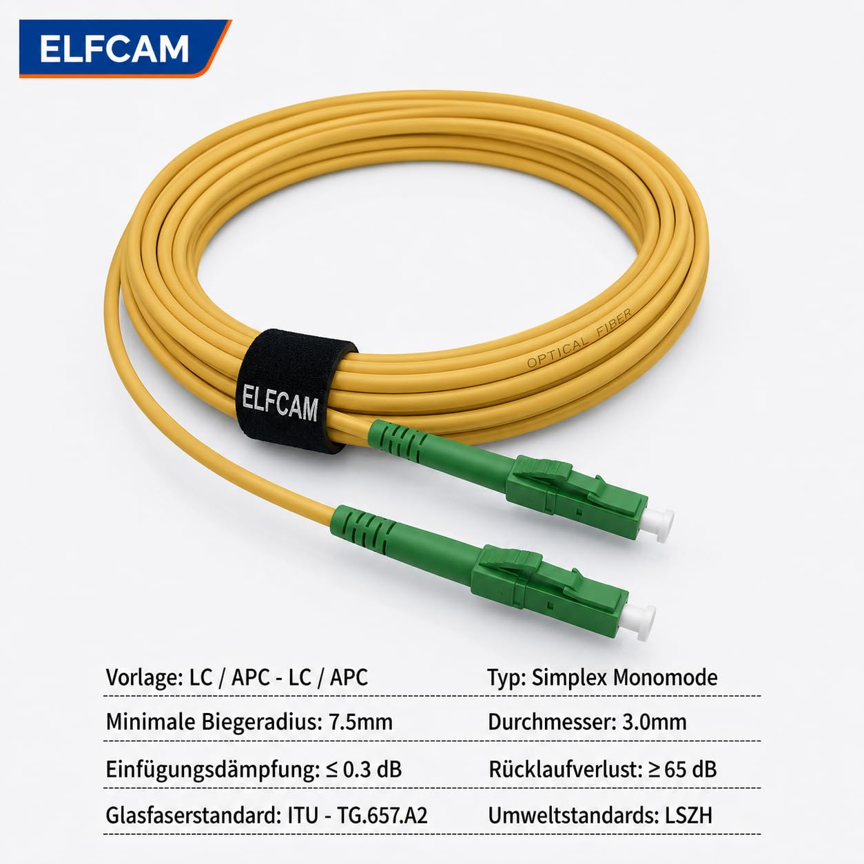 Elfcam LC/APC do LC/APC jednomodowy pojedynczy, 9/125 μm Podwiązka optyczna LSZH (20M)
