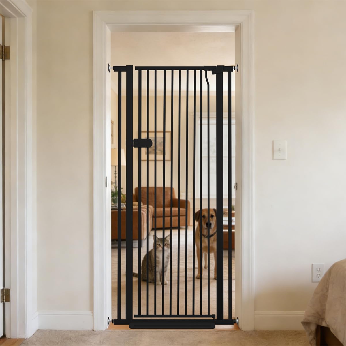 Photo 1 of Lumizone Extra Tall Cat Gate 61.02" High Pressure Mounted 29.92"-34.24" Extra Wide 1.37" Gap No Drilling Auto-Close One-Handed Operation Tall Pet Gate for Dogs(Black, 61.02" H x 29.92"-34.24" W)