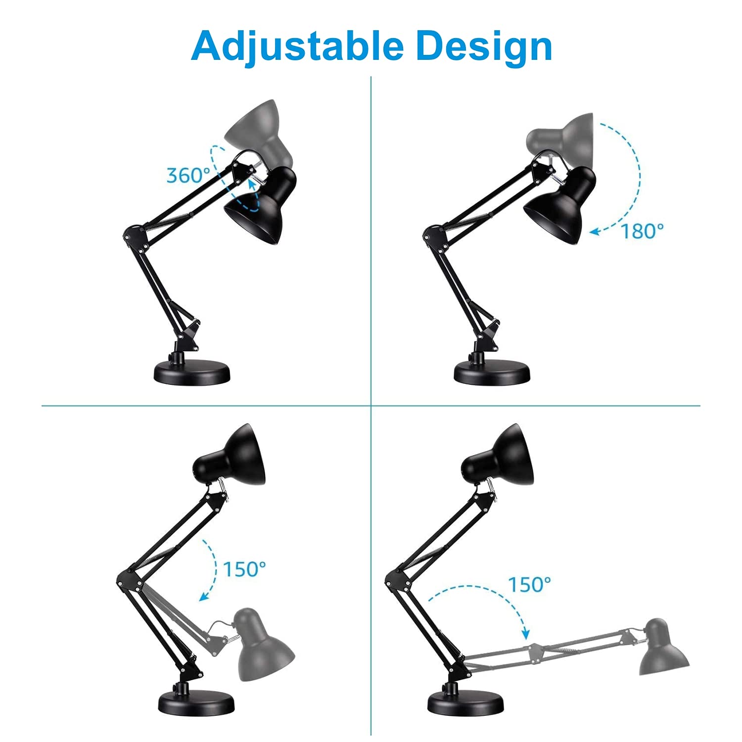 Buy Metal Swing Arm Desk Lamp with Interchangeable Base Or Clamp