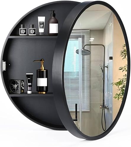 Miniatura 9 de Gabinete de medicina para baño, ahorro de espacio, armarios redondos con superficie de espejo, marco circular de madera maciza montado en la pared,