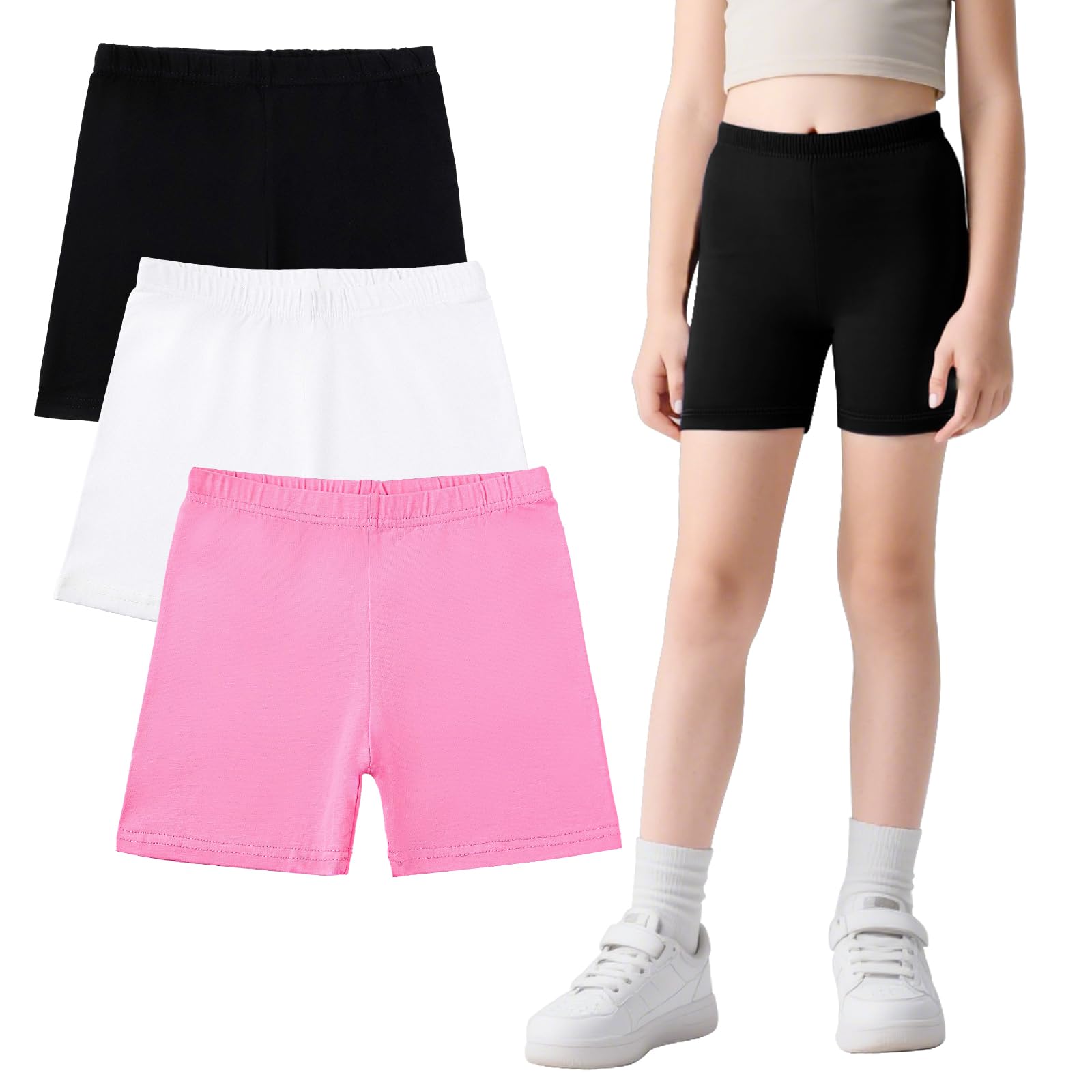 Shorts pour Filles Enfants Coton Pantalons Courts Lot de 3 Sport Cycliste Legging avec Ceinture Élastique Pantalon Short Gymnastique Randonnée Danse Course Coloré Shorts pour 5-16 Ans