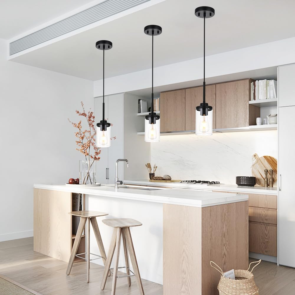 3 Pack Hanging Pendant Light Fixtures,Matte Black Ceiling Lamp with Clear Glass Shade Modern Pendant Lighting for Kitchen Island, Dining Room, Bedroom, Hallway Black 3 Light Pendant