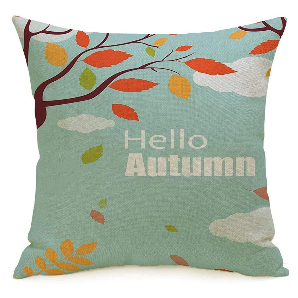 Decorative Linen Throw Pillow Cover Fall Hello Tree Autumn Textures Trees Falling Leaves Fashion Leaf Amazing Design Season September Soft Cushion Covers 18 x 18 Inches for Bed Car Couch Sofa