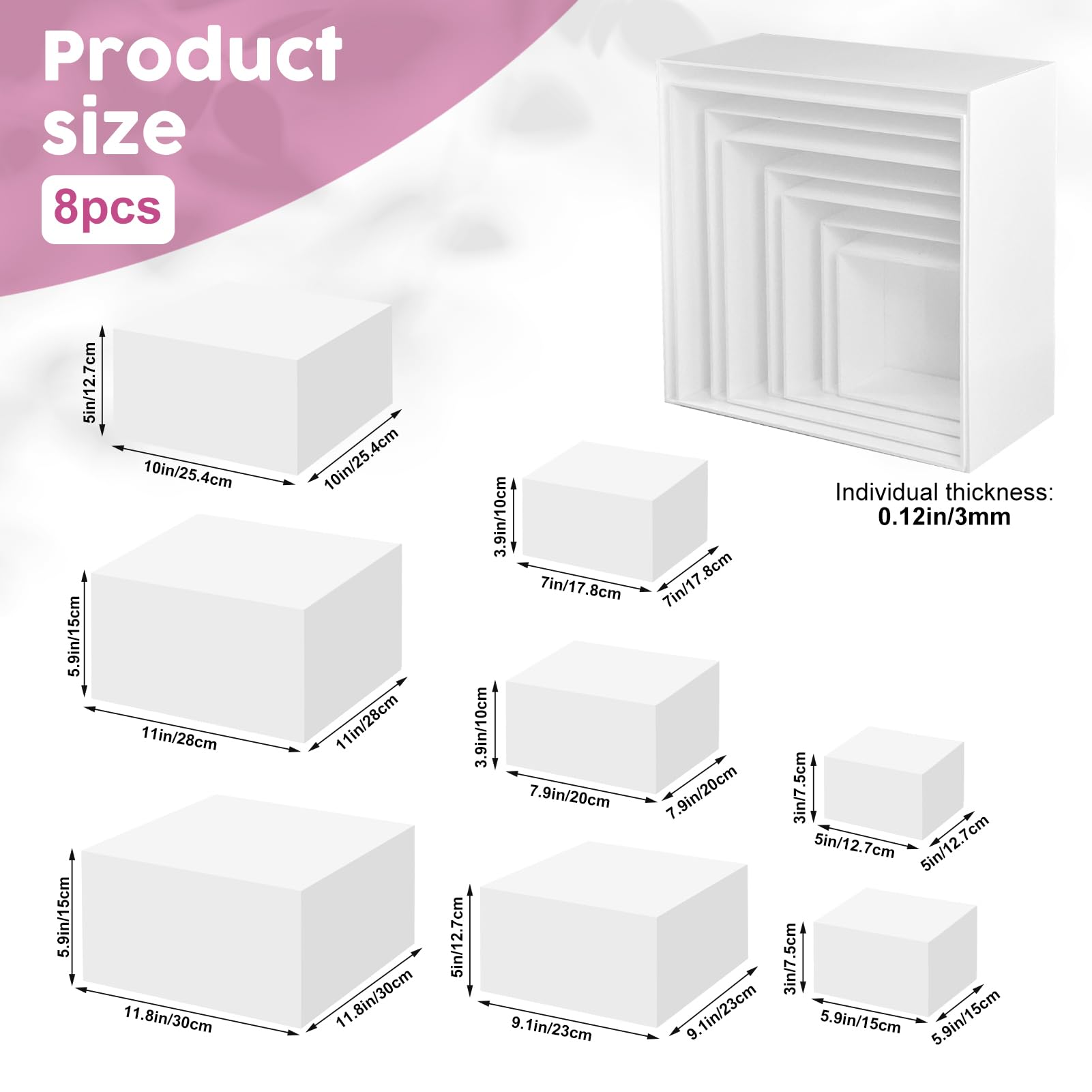 Lot de 8 grands rehausseurs de buffet en acrylique blanc pour table de buffet, présentoirs en acrylique pour restauration, desserts, bijoux, figurines (12,7 cm, 15,2 cm, 17,8 cm, 20,3 cm, 22,9 cm,