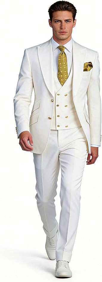 3 Piece Mens Suits Suits for Men Wedding Prom Gold Buttons Tuxedo Jacket Vest Pants Suits Formal Business