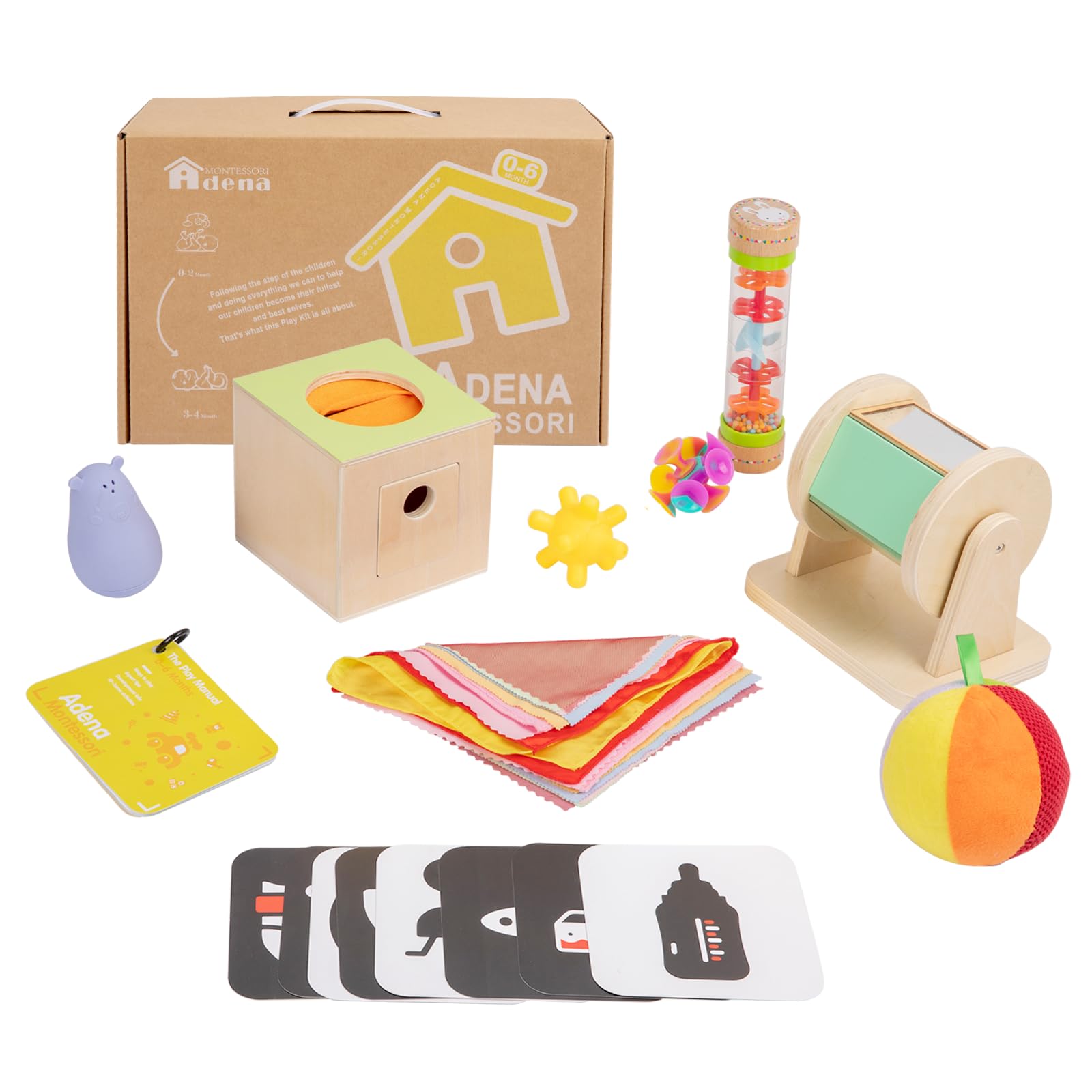 8 in 1 Montessori Toys for Babies 0-6 Month-Baby Tummy Time Toys Black White Card for Newborns,Rainmaker Rattle Toys for Babies, Tissue Box,Spinning Drum,Ball with Bell-Baby Sensory Developmental Toys