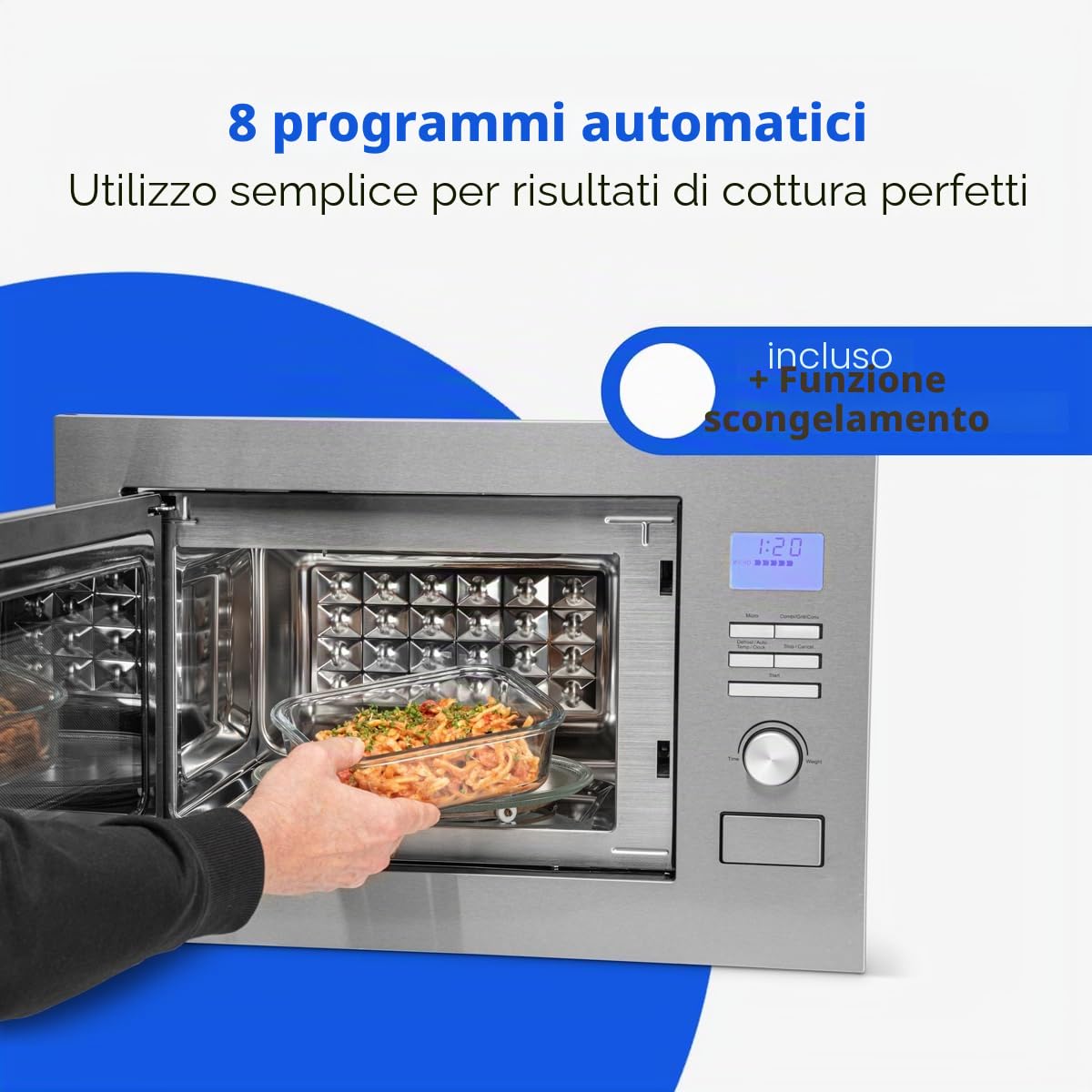 Bomann MWG3001HEB Microonde 3 in 1 da incasso con griglia e aria calda, display LCD, 8 programmi automatici, funzione timer, 25 l, parte anteriore e interno, argento