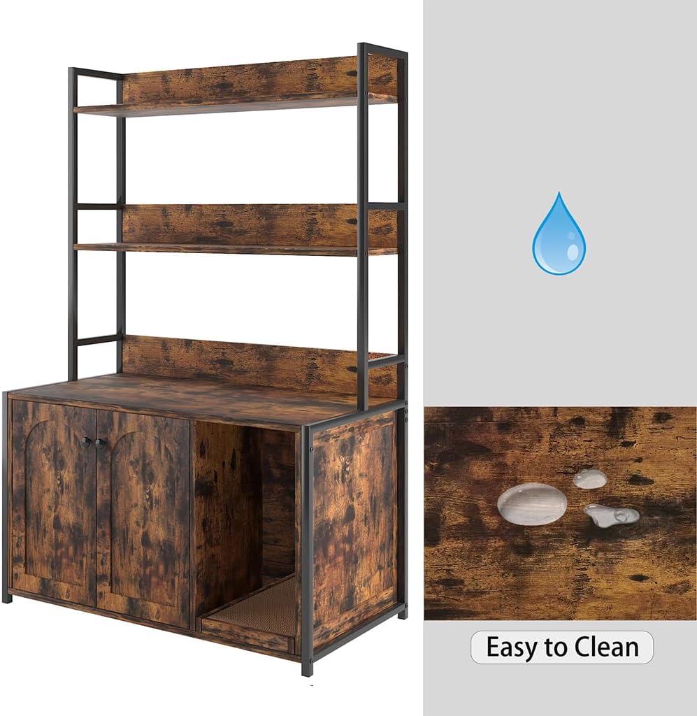 Large Wooden Cat Litter Box Enclosure with 2 Storage Shelves, Modern Cat Litter Box Furniture with Scratching Mat, Cat House for Indoor Cats, Wood Sturdy Cat Washroom Storage, 35.2 x 17.7 x 52 Inches,