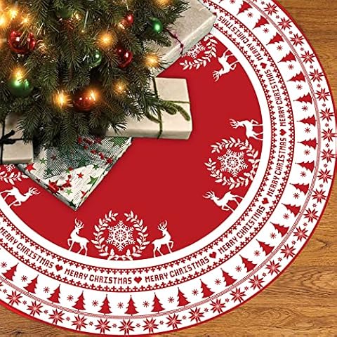 Christmas Tree Skirt, 48 Inch Large Red White Tree Skirt with Snowflake & Reindeer, Rustic Polyester Xmas Tree Mat for Christmas Party Winter Holiday New Year Decoration Indoor Outdoor Cover