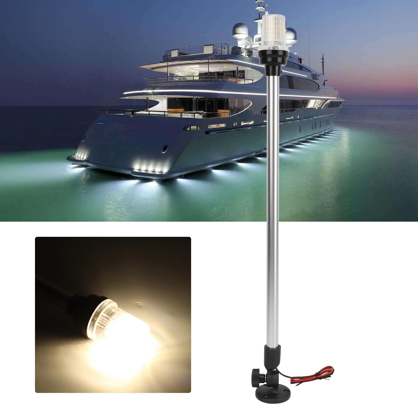 Cryfokt Lumière D'ancre de Bateau à LED de 24 Pouces avec Base en Aluminium Résistant à la Corrosion pour Usage Marin et Bateaux de Pêche (BLACK)