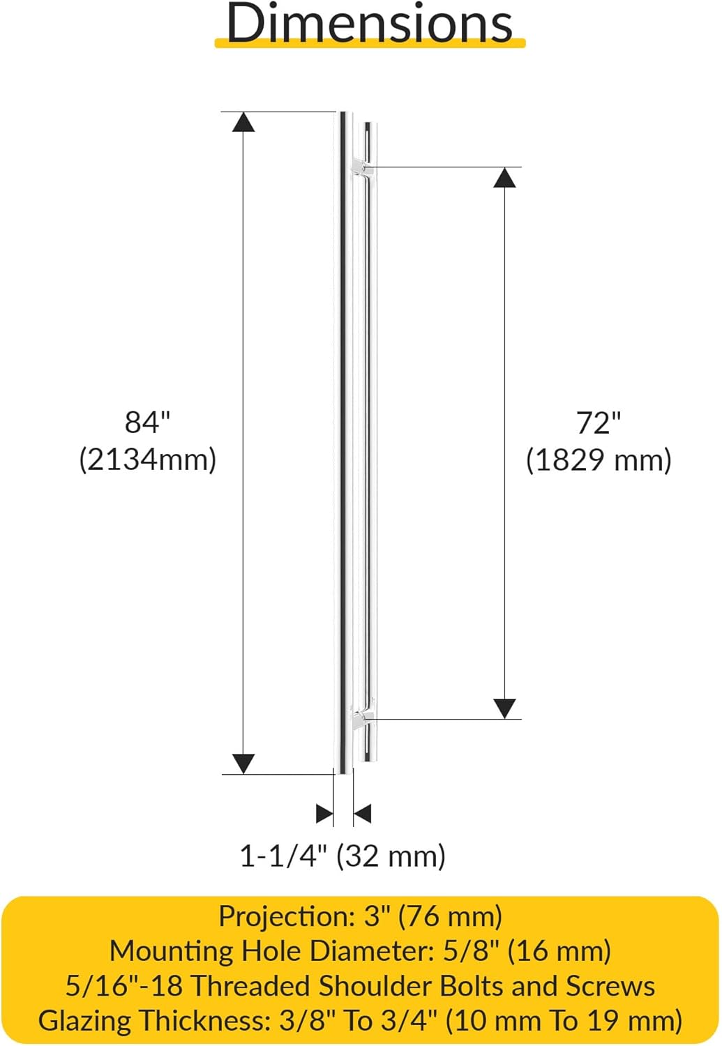 BRIXWELL 84" Ladder Style Back-to-Back Pull Handle, Stainless Steel Material, Polished Stainless Steel, 3" Projection, 1-1/4" Diameter, 72" Hole Spacing, 3/8" to 3/4" Glazing Thickness