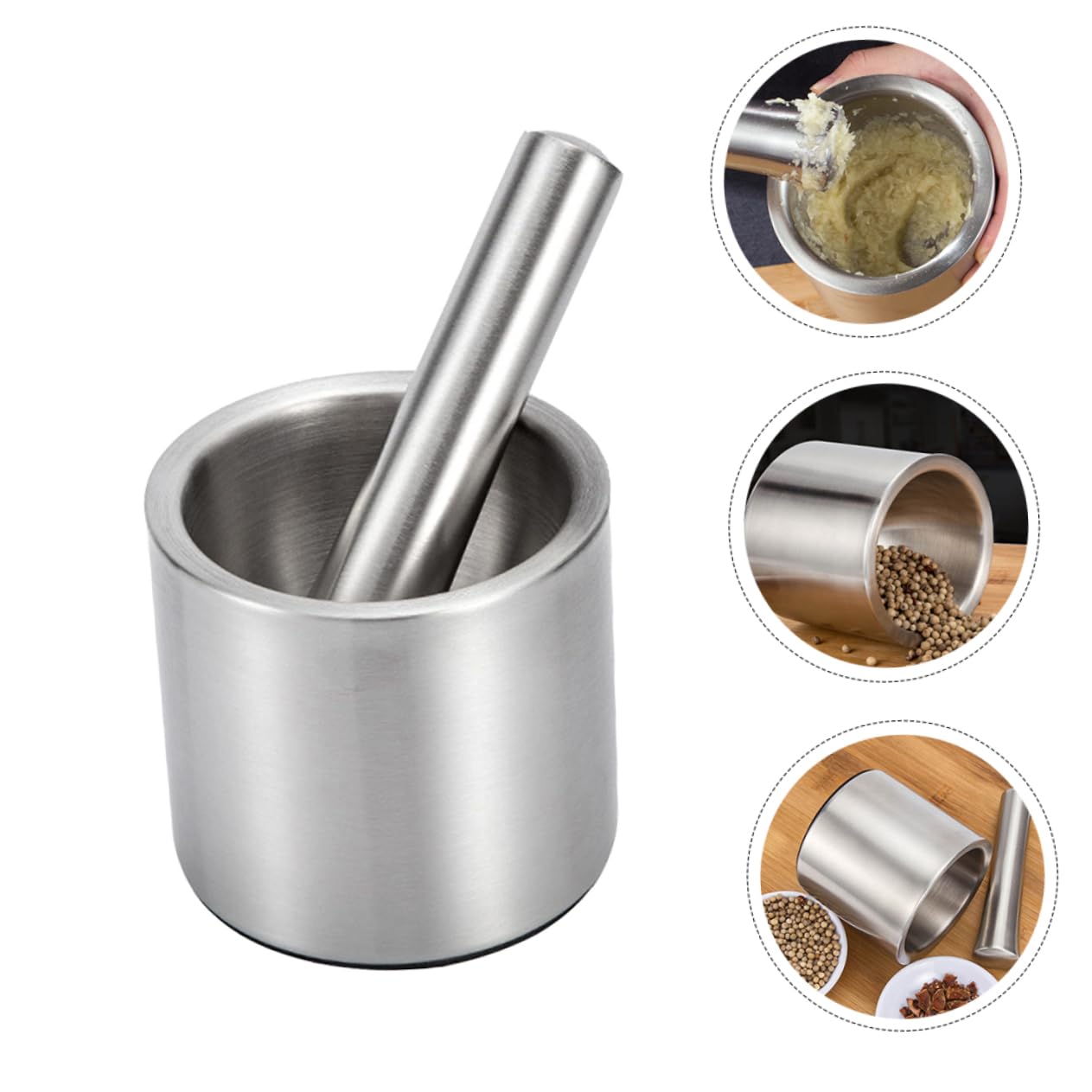 PRETYZOOM Stainless Steel Garlic Pounder Grinders Bowl Ginger Chili Masher Pad Comfortable Grip Capacity