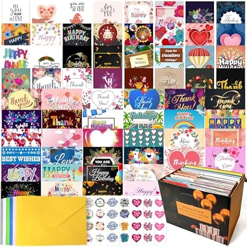 YedsIntu 64 All Occasion Cards Assortment Box with Envelopes and Stickers, 4×6 Inch Assorted Greeting Cards with Blank Inside - Birthday, Holiday, Love, Anniversary, Thinking of You, Thank You Cards Cover