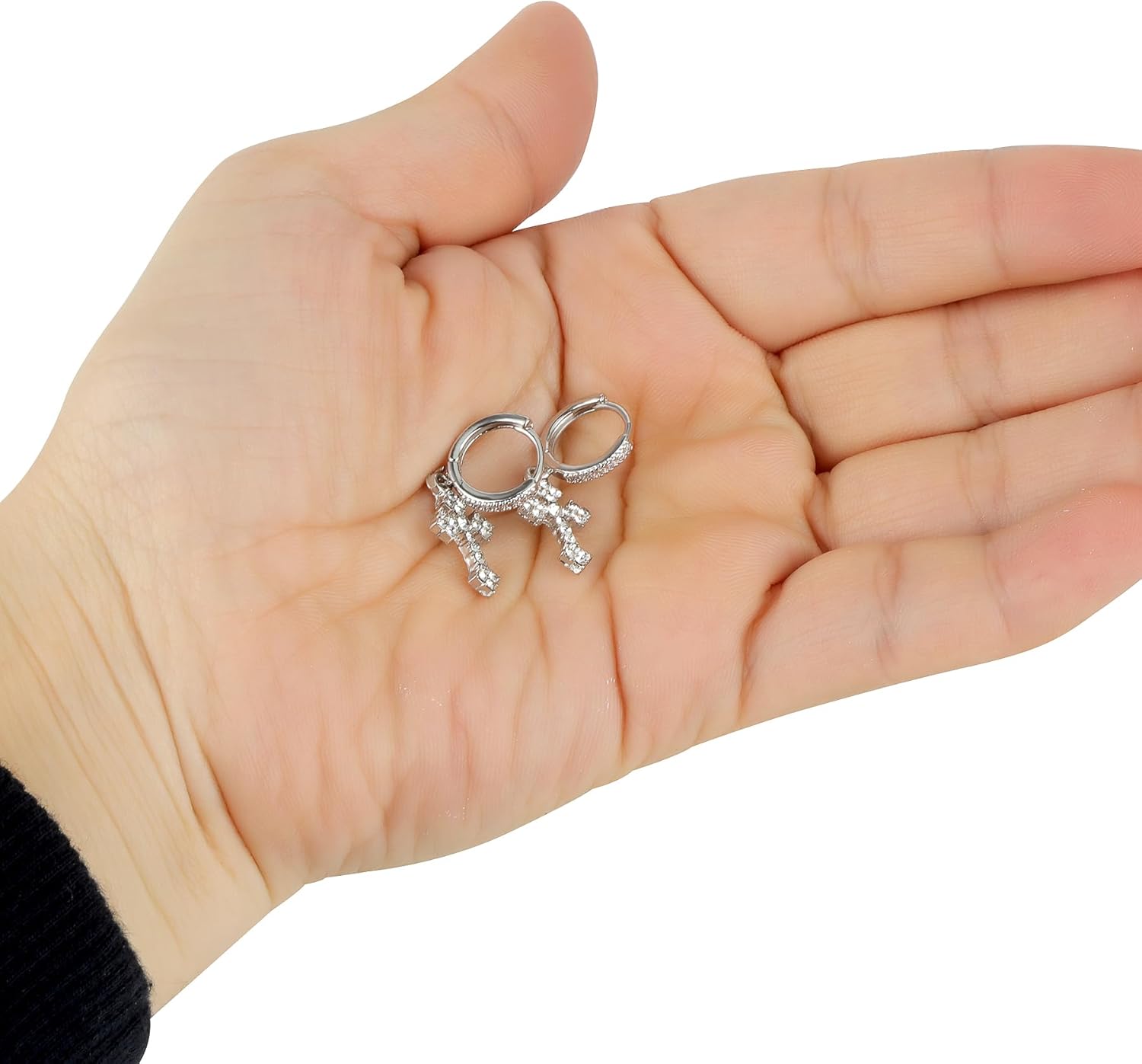 Rhinestone Cross Earrings Men Stainless Steel Small Hoop Earring Dangle Adult Fashion Huggie Piercing Jewelry Earrings for Party Birthday, Silver - Image 6