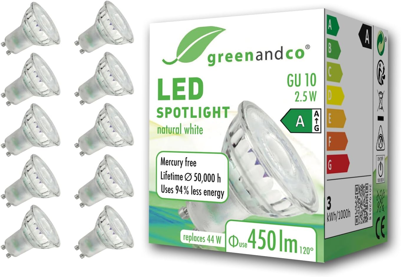 greenandco 10 x LED spotlights, GU10, 2.5 W, 450 lm, 4000 K, neutral white, 100°, 230 V, flicker-free, energy efficiency class A, not dimmable