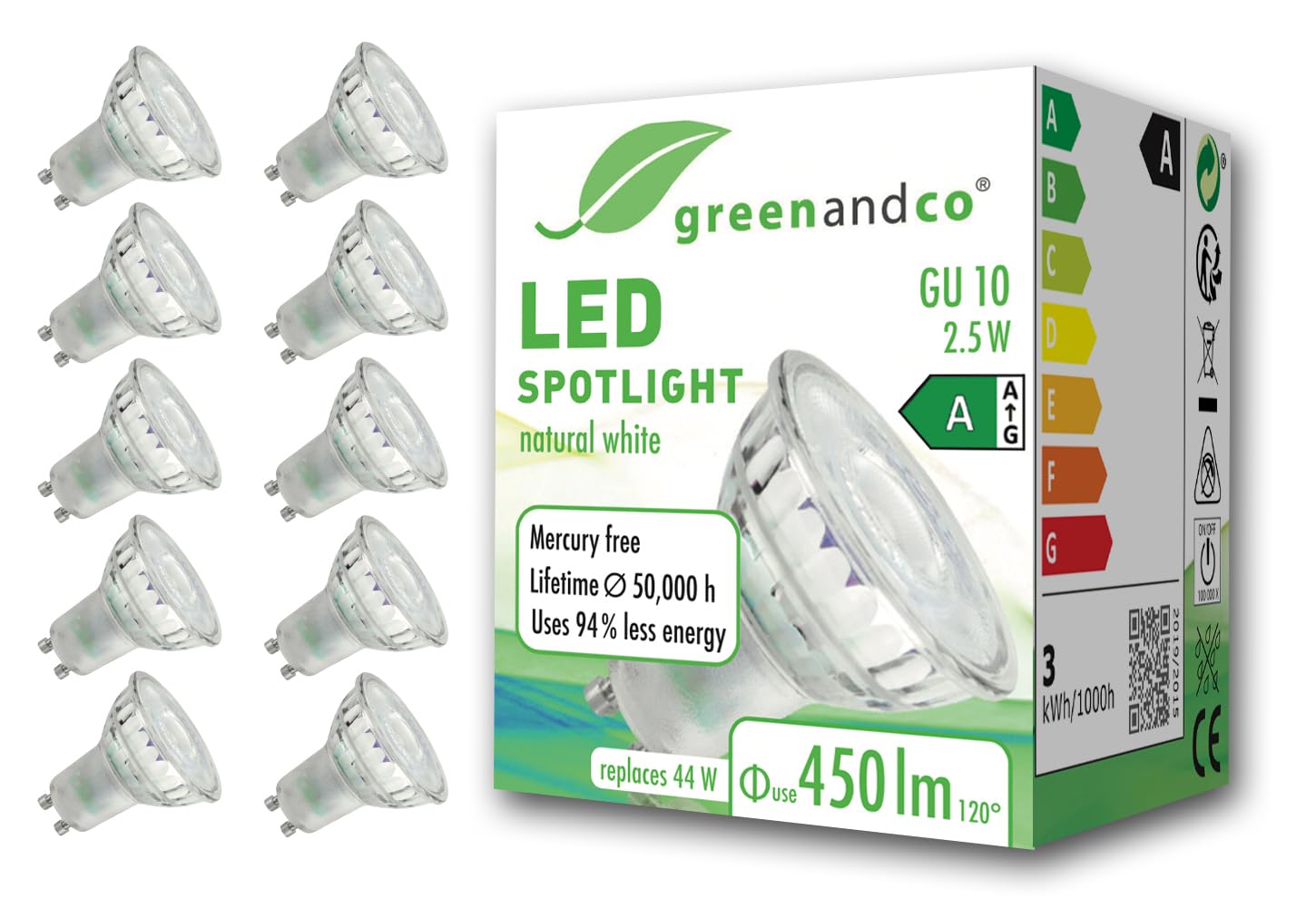greenandco 10 x LED spotlights, GU10, 2.5 W, 450 lm, 4000 K, neutral white, 100°, 230 V, flicker-free, energy efficiency class A, not dimmable