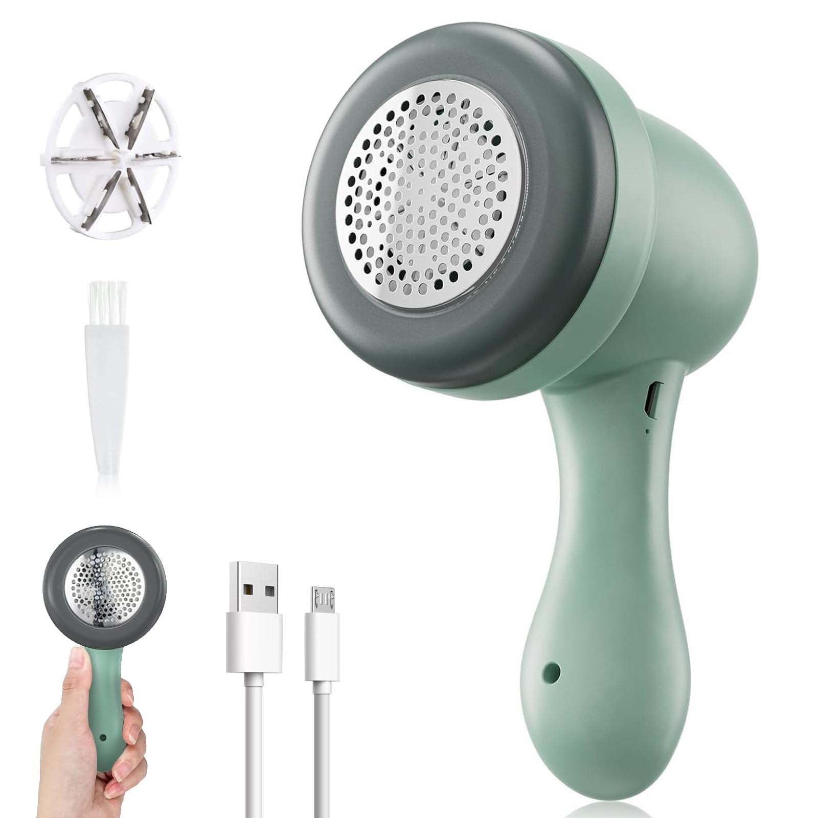 Igeaiie Green Electric Lint Remover – Usb Rechargeable Fabric Shaver With 3 Blades, Portable Debobbler For Clothes, Carpet, Sweaters & Upholstery, Quick & Effective Fuzz, Lint, And Fluff Removal