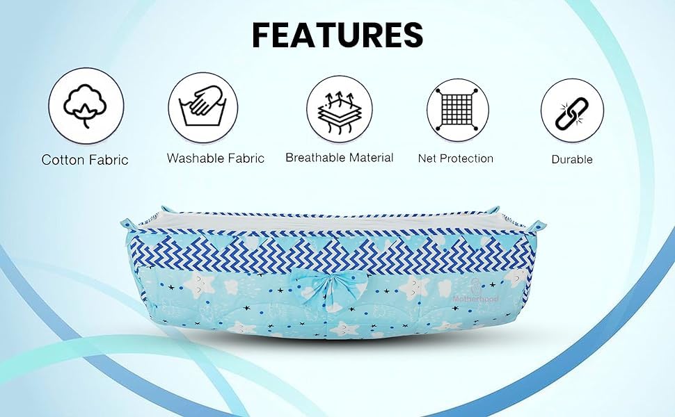 Image of Motherhood Baby Hammock Ghodiyu /Khoyu Soft Cotton Cloth Swing Cradle Safety with Mosquito Net Cover with Zipper (Blue)