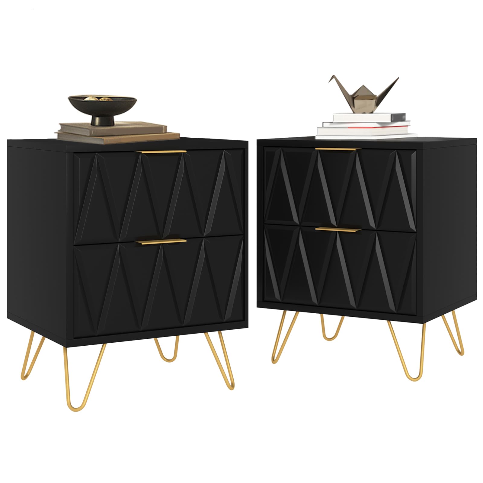 CIAPCHO Black Nightstands Set of 2, Modern Bedside Table Set of 2 with 2 Drawers, Black and Gold End Side Table with Carved Line Finish for Living Room