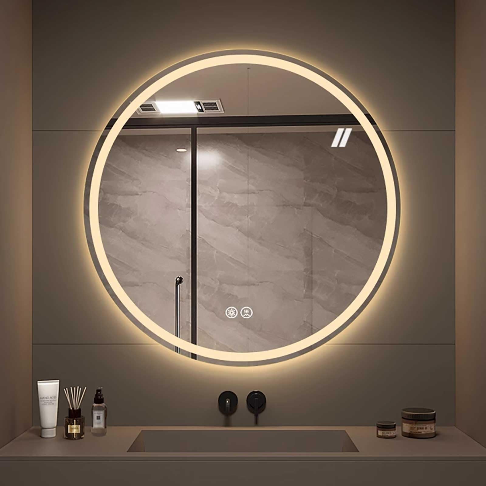 SXFSDOU Modern Round Bathroom Mirror with LED Lighting 28in Wall for Bedroom Living Room Guest WC - Stylish and Functional 70x70cm Vanity