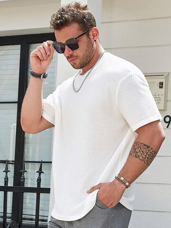 Image of Men Solid Waffle Round Neck Oversized /Dropshoulder |Baggy| Summer T Shirt for Ment Shirt