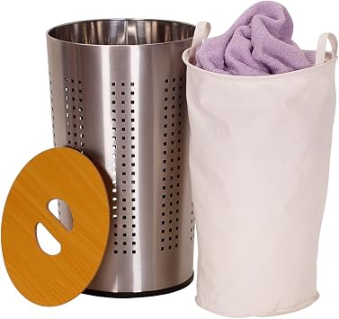 Household Essentials Round Metal Laundry Hamper with Engineered Wooden Lid, Removable Liner, and Ventilated Siding, Brushed Stainless Finish