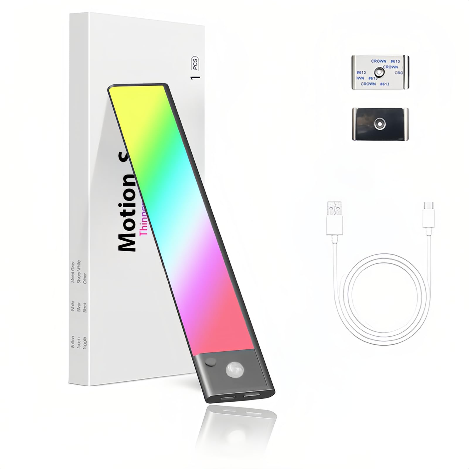 Luces LED Cocina Sin Cable, RGB luz con sensor de movimiento, 23CM Regulable Luz LED Adhesiva con 7 Color Modos, Luces de Colores Pulsador para Vitrinas Gabinete, Pasillo, Escalera, Sótano,Garaje