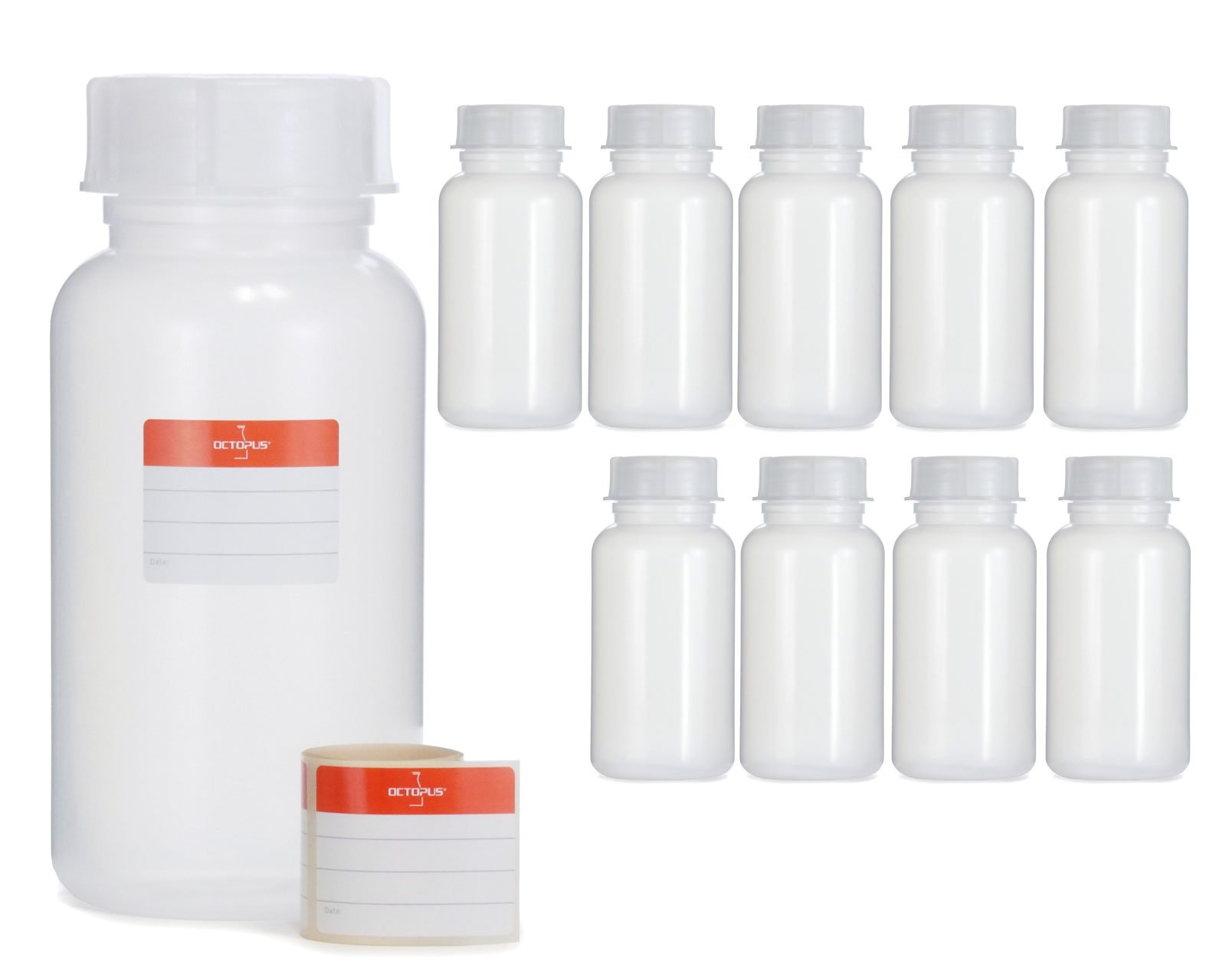 Octopus 10x 1000 ml wide neck bottles of LDPE with screw cap, empty 1 litre chemical bottles, laboratory bottles with lid as storage container for laboratory, kitchen or hobby
