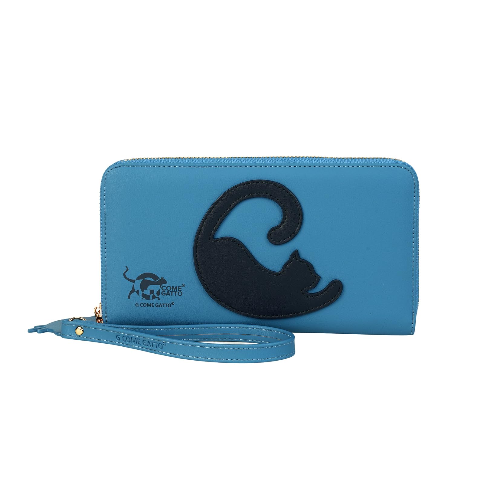 Portafogli Donna Grande con Gatto Stilizzato – 17 Slot Carte, Zip Monete, Spazio Penna – Design Esclusivo e Vegan Friendly – 3 Colori Disponibili (Ottanio con gatto blu)
