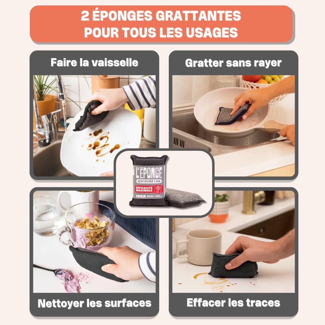 INGA – Pack Trio Expert Home: 6 esponjas lavables (2 rascadores grises + 2 baño + 2 sartenes y placas) – Una esponja para cada uso – Ultra eficaz y reutilizable – Fabricado en Europa