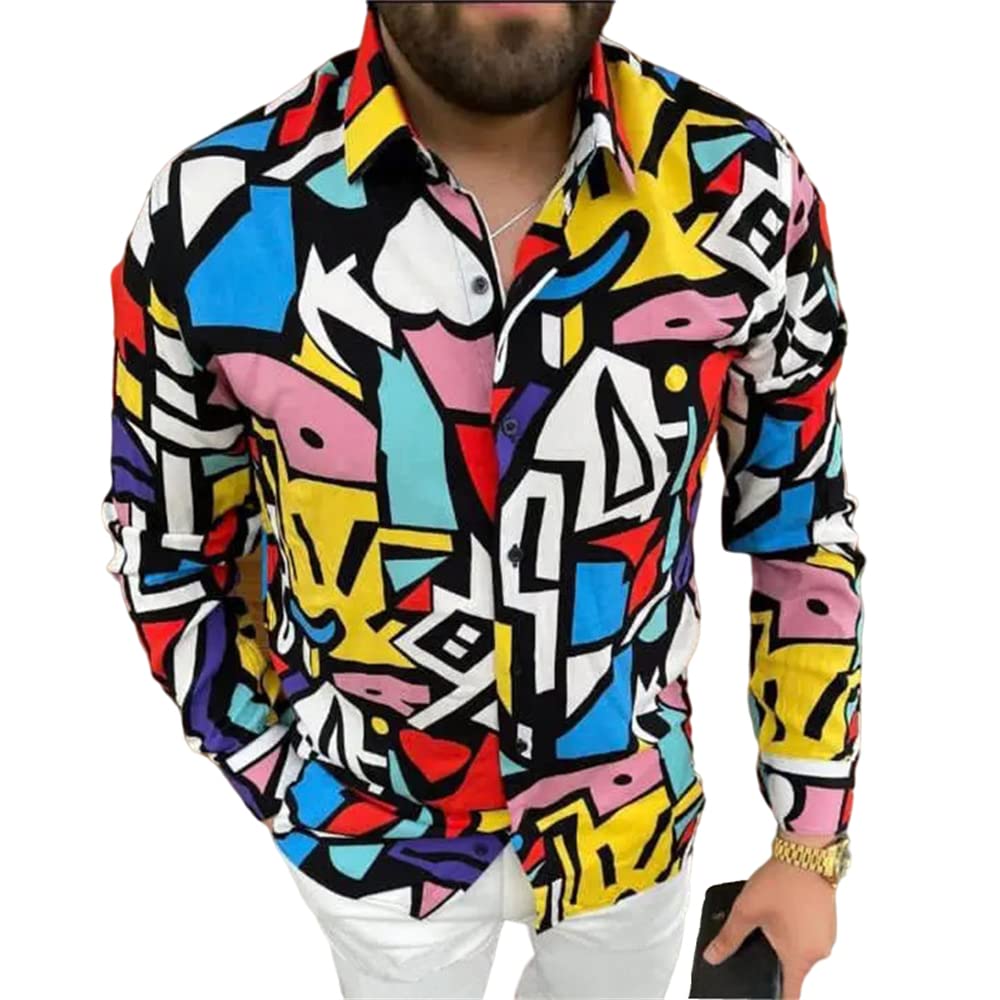 PANBOB Men Shirt Printed Digital Geometric Pattern Casual Vacation Men Long-Sleeved Spring and Autumn New Stretchy and Comfortable Men’S Casual Shirt