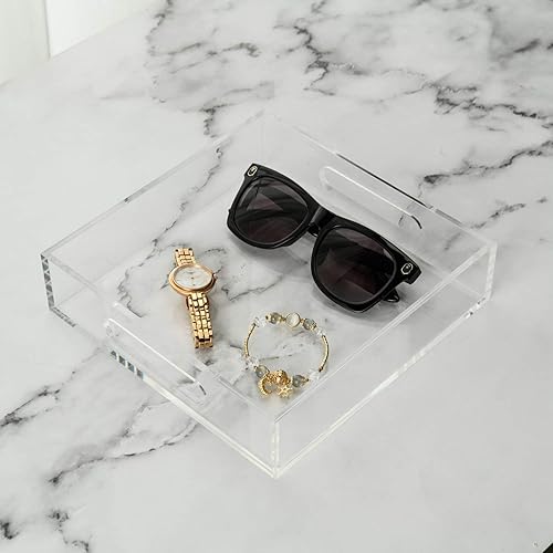 Miniatura 4 de KEVLANG Bandeja de acrílico transparente resistente con asas, bandeja organizadora de encimera de 8 x 8 x 2 pulgadas de alto para cocina, baño,