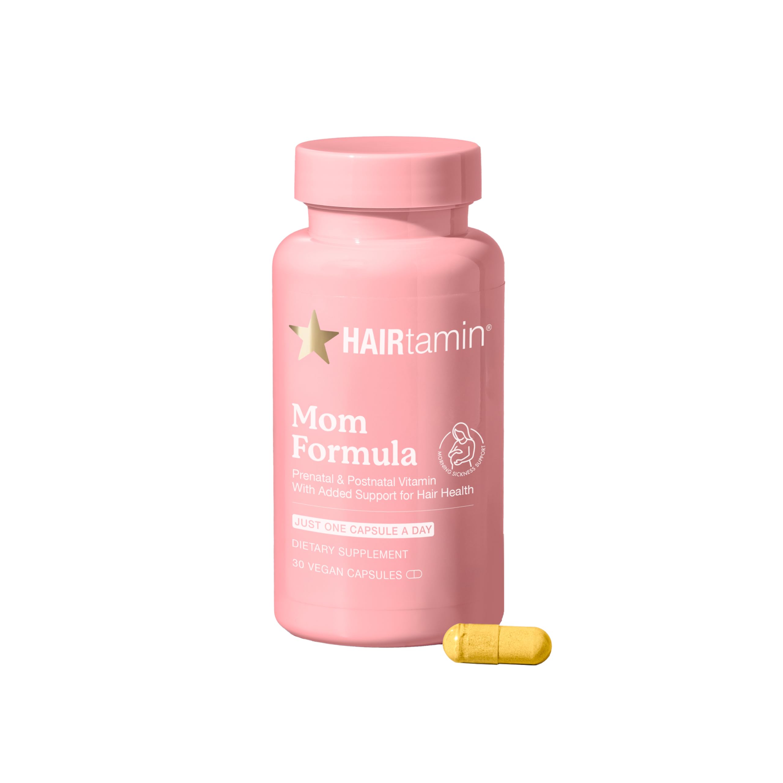 HAIRtamin MOM Vegan Prenatal & Postnatal Multivitamin Supplement & Hair Vitamin Pregnancy, Postpartum, Breastfeeding Probiotic One-a-Day Hair Vitamins with Biotin, Zinc, Iron (30 Counts)