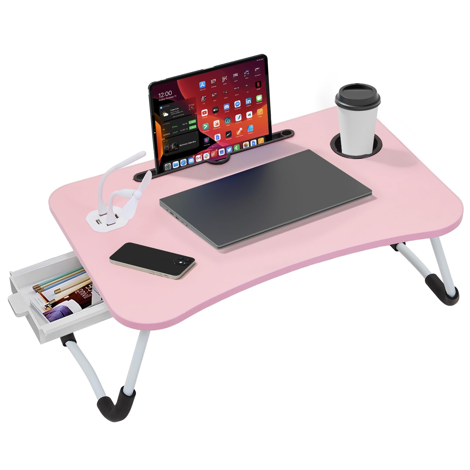 Warmiehomy Laptop Table with USB Ports, Foldable Laptop Bed Table, Laptop Desk with Cup Holder and Side Drawer, Small Fan and Small Lamp, Bed Tray with Legs