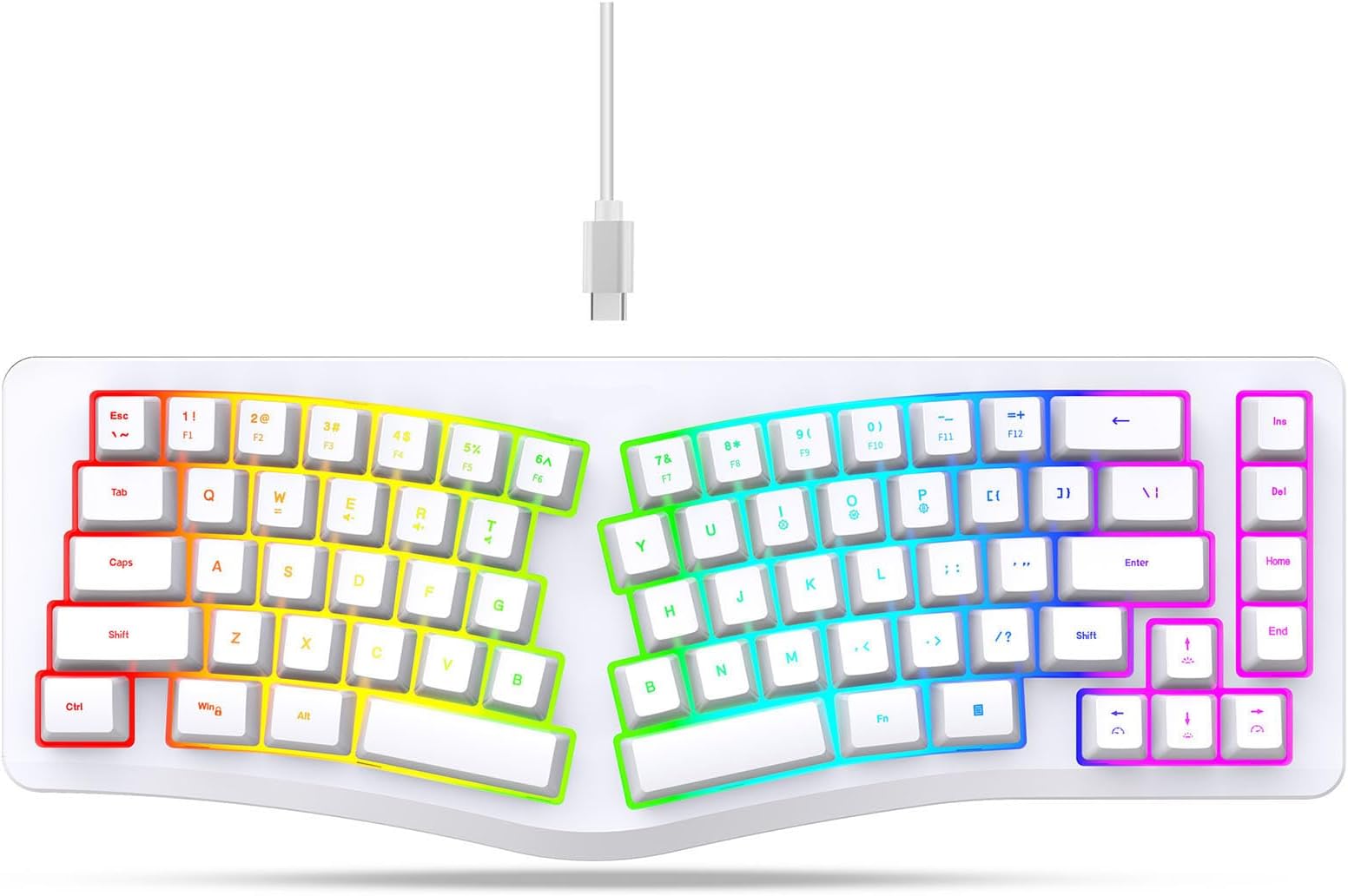 Yunseity Ergonomic Split Keyboard, Wired 69 Key with 18 Modes RGB Backlit Keyboard for Computer, Comfortable Keycaps, Shared Spaces, Split Design for Comfort Typing (White)
