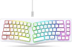 Yunseity Teclado ergonômico dividido, 69 teclas com 18 modos RGB retroiluminado para computador, teclas confortáveis, espaços compartilhados, design dividido para digitação confortável (branco)