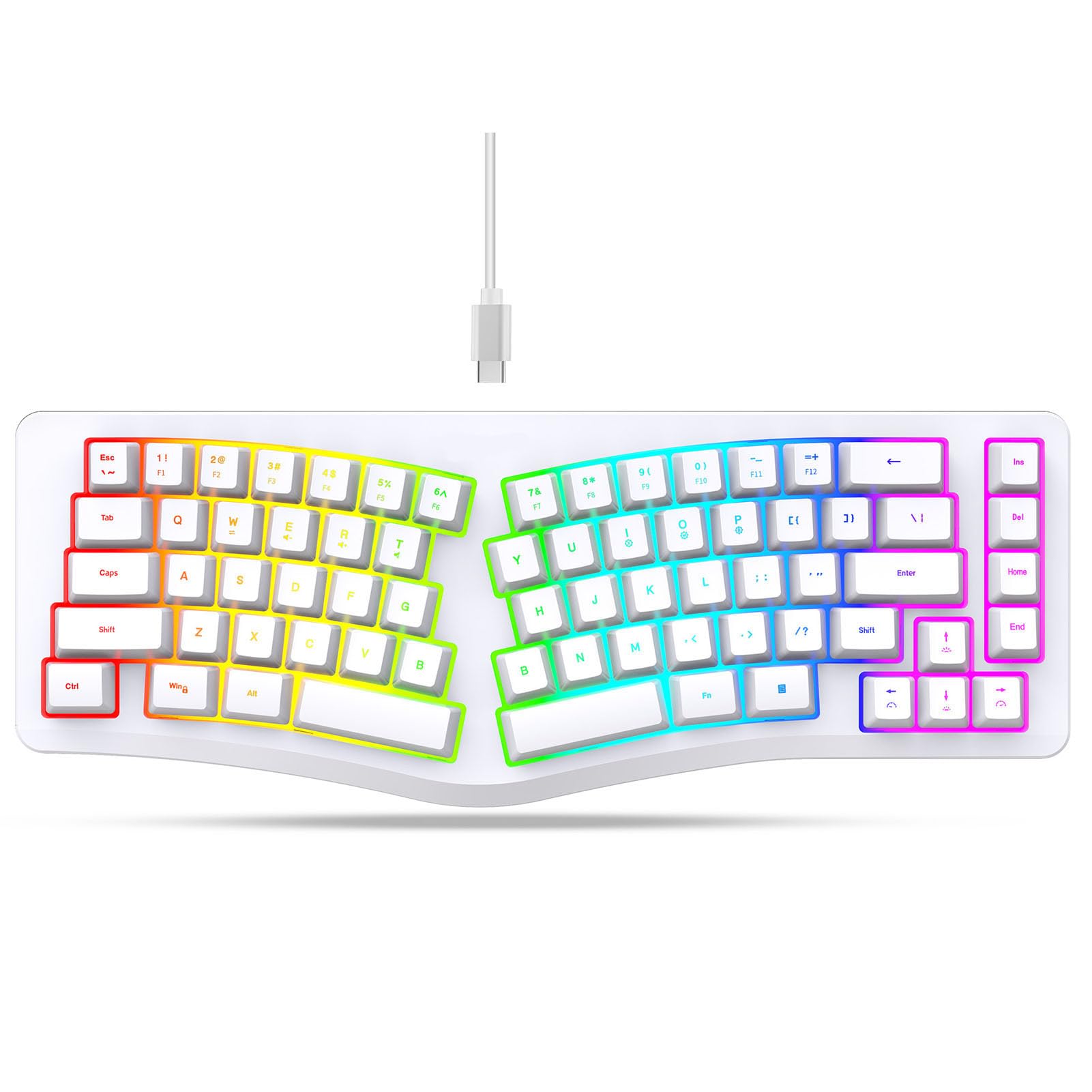 Tastiera Ergonomica Divisa, Tastiera da Digitare Naturalmente USB C con 18 modalità Retroilluminata RGB, 69 Tasti, Cavo Staccabile per il Desktop per Computer (WHITE)