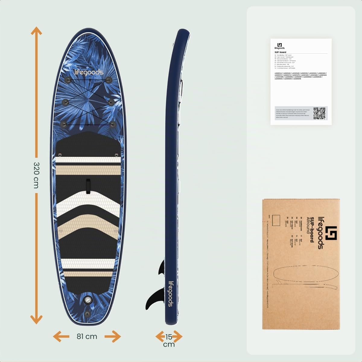 LifeGoods SUP Board Set - Aufblasbare Stand Up Paddling Board - Komplettes Set inklusive Zubehör und Verstellbares Padel - Geeignet für Anfänger und Fortgeschrittene - Bis 150KG - 320x81cm