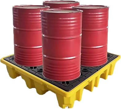 XPLKQXE Industrial Spill Platform with Grating/Drain Outlet, Yellow and Black Oil Drums Spill Containment Pallet, Stackable Modular Polyethylene Spill Tray120x60x17cm
