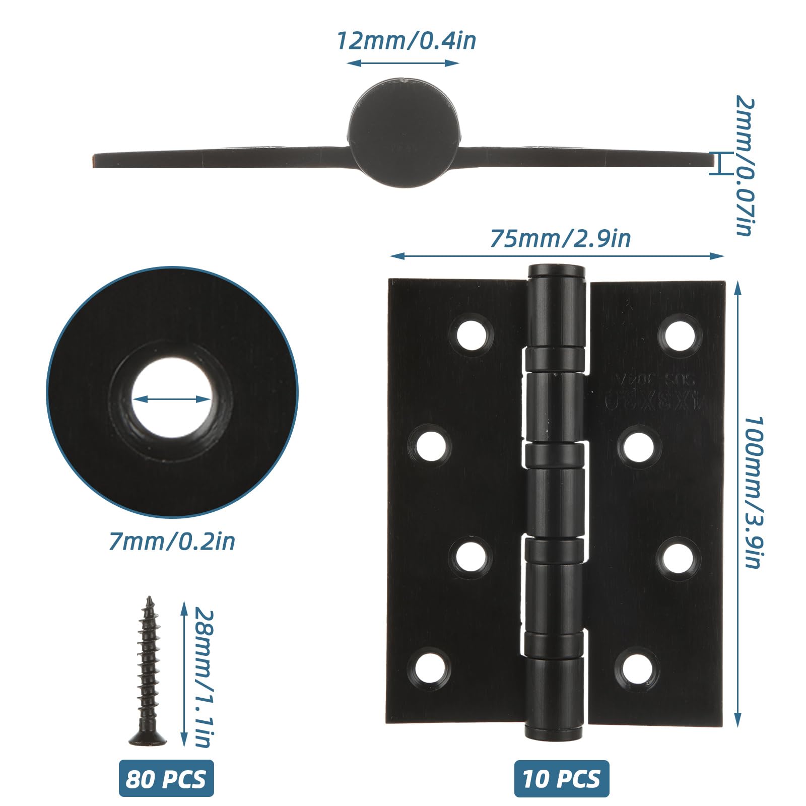 WOPPLXY 10 PCS Black Door Hinge, 4 Inch Stainless Steel Door Hinges Internal with Screws - Image 2