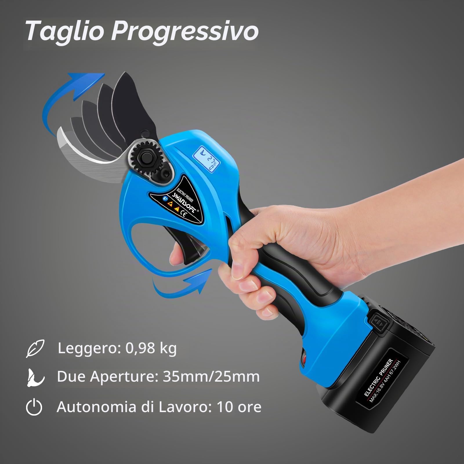 Swansoft 8608 35mm Forbici Potatura a Batteria da, 16,8V 900W 4+4Ah- Progressivo Cesoie Potatura a Batteria Professionali, per Potare, Frutticoltori e Viticoltori, Deep Blue (SW-8608) (LIGHT BLUE)