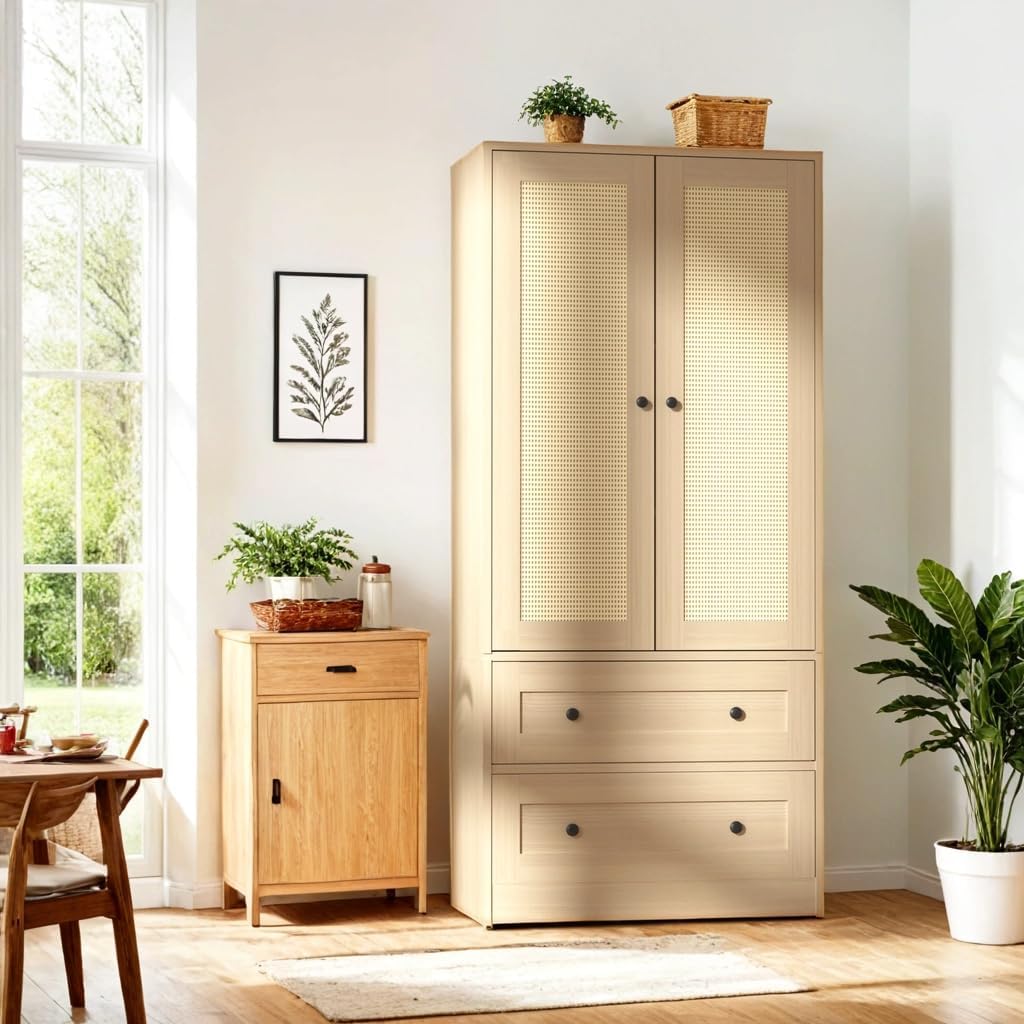 Rattan Storage Cabinet with 2 Doors and Drawers, 64" Tall Floor Cabinet Bathroom Storage with 2 Shelves, Sideboard Buffet for Living Room, Entryway, Dining Room and Kitchen White.