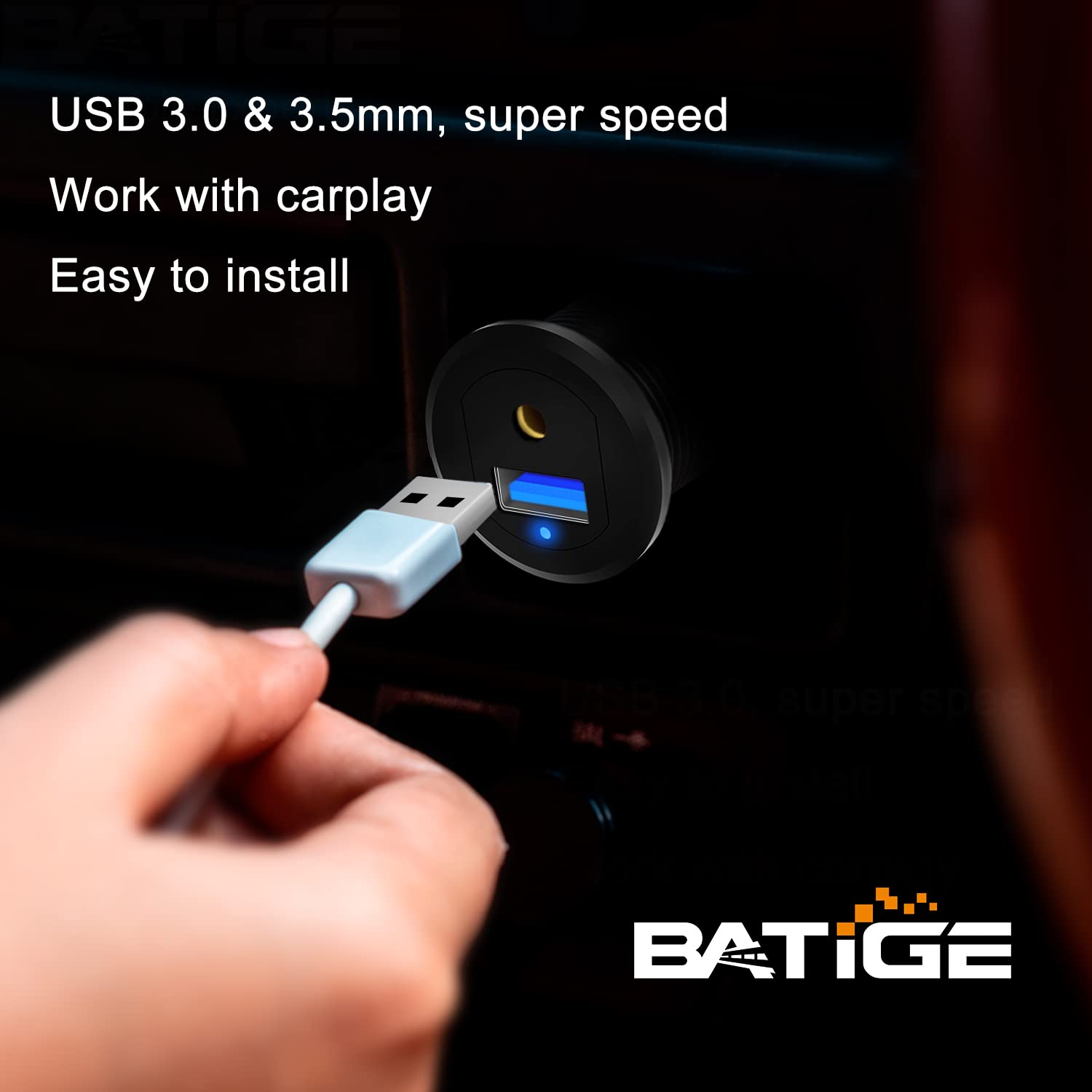 Metall-USB 3.0 & 3,5 mm Auto-Halterung, bündiges Kabel mit LED-Umgebungslicht, AUX-Verlängerung, Armaturenbrett, wasserdicht, für Auto, Boot und Motorrad, 91 cm
